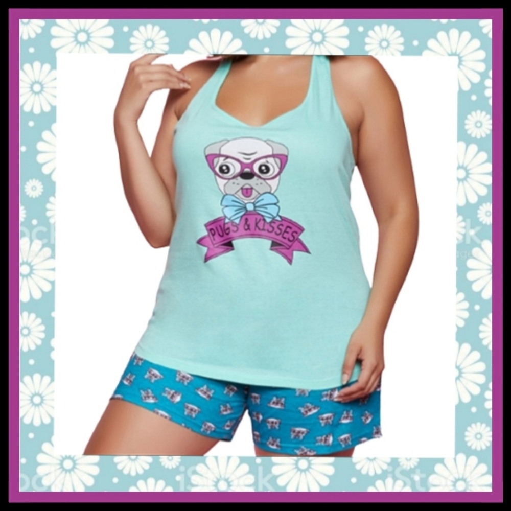 CUTE ☆ BESPECTACLED PUG ☆ TEAL ☆ JAMMIE SET ☆ 2x ☆ NWT